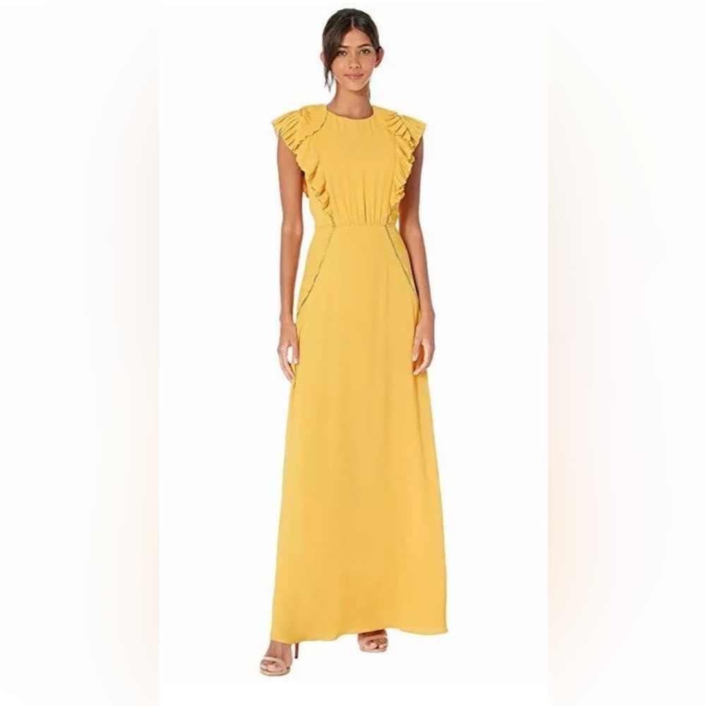 BCBGMaxazria  Golden Glow Ruffled Shoulder Evening Gown Size 10 NWT